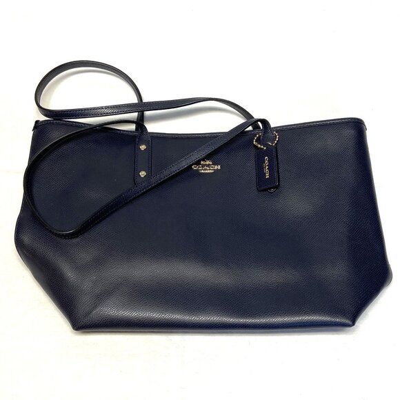 Coach City Zip Top Double Handle Tote Cross Grain Leather Handbag Navy F36875 - Picture 4 of 14